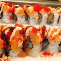 (Spr6) Fire Dragon Roll · Tempura shrimp inside, spicy salmon and mango top with mango and eel sauce.