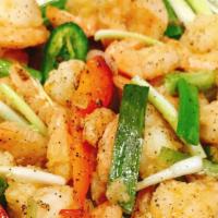 (Ke5) Salt & Pepper Shrimp · Large. Spicy. Stired fired with onion, jalapeño, garlic scallion and red pepper.
