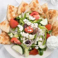 Greek Salad · Romaine, lettuce, tomatoes, peppers, red onion, feta cheese, olives and tzatziki.
