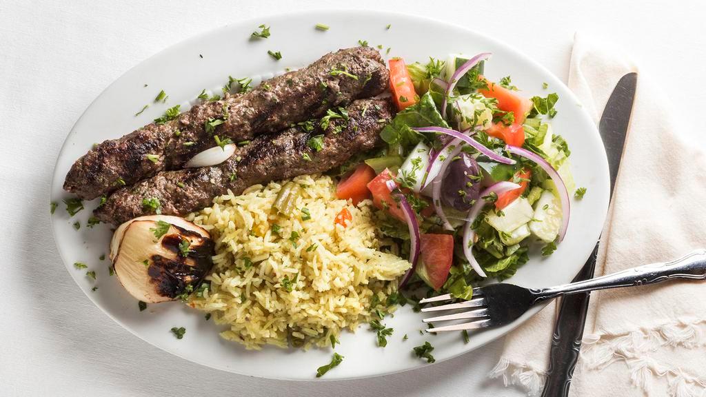Kafta Kabob Platter · Grilled ground beef, parsley, onion and spices.