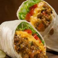 Bacon Cheeseburger Burrito · Ground beef, onions, bacon, pickles, ketchup, mustard, shredded Cheddar cheese, and marbled ...