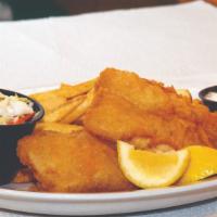Fish & Chips · Hand-battered Cod, golden fried, served with fries, homemade coleslaw and tartar sauce.