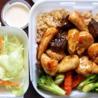 Hibachi Steak,Shrimp & Chicken · With vegetable and fried rice.