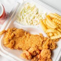 Fish And Shrimp · Breaded tilapia, four pieces of breaded shrimp served with seasoned fries and hush puppies.