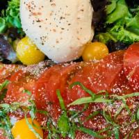 Caprese Salad · Heirloom tomato, burrata, fresh basil, seasalt, EVOO, aged balsamic