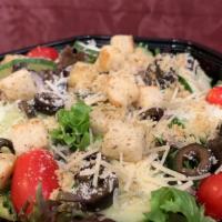 House Salad · Mixed greens, tomato, black olive, cucumber, red onion, mixed greens, dark balsamic vinaigre...