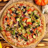 Vegan Deluxe Pizza · Spelt Crust, Roasted Basil Pizza Sauce, Vegan Mozzarella Cheese, Tomatoes, Bell Peppers, Por...