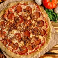 Pepperoni & Sausage · Spelt Crust, Roasted Basil Pizza Sauce, Vegan Mozzarella Cheese, Pepperoni(Seitan) & Mild Be...