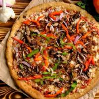 Philly Pizza · Spelt Crust, Roasted Basil Pizza Sauce, Vegan Mozzarella Cheese, Mild Beyond Sausage, Red On...