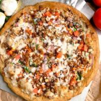 Alfredo Pizza · Spelt Crust, Vegan Alfredo Sauce (Contains Onions & Mushrooms), Vegan Mozzarella Cheese, Mus...