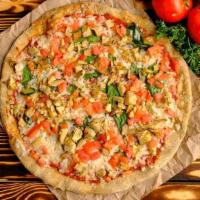Spinach & Artichoke Pizza · Spelt Crust, Roasted Basil Pizza Sauce, Vegan Mozzarella Cheese, Spinach, Tomatoes & Articho...