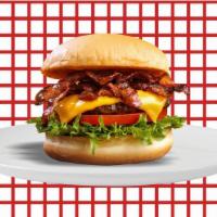 The Cobb & Bacon · Our signature patty with fresh lettuce, tomatoes, pickles, mayo, and American cheese in our ...