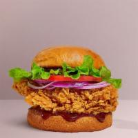Bbq Believer Chicken Sandwich · Seasoned fried vegan chicken patty topped with melted vegan cheese, barbecue sauce, lettuce,...