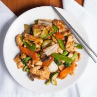 Assorted Vegetable Chicken · Chicken with broccoli, carrots, mushrooms, snow peas, napa, baby corn, water chestnuts, bamb...