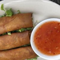 Thai Shrimp Rolls · Three pieces. Shrimp, garlic, ginger, and scallions in crispy spring roll wrapper.  NO SUBST...