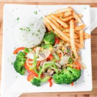 Saltado De Vegetales · Fresh vegetables, sautéed onions, peppers, mushrooms, tomatoes, and broccoli. Served with wh...
