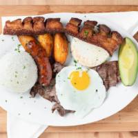 Bandeja Paisa · From Colombia rice, red beans, sweet plantains, corn cake, avocado, pork belly, top round st...
