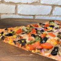 Veggie Pizza · Tomato, mozzarella cheese, fresh mushrooms, red onion, black olives, broccoli, zucchini, cor...