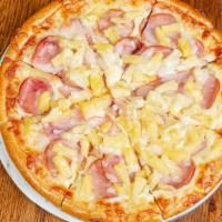 Hawaiian Pizza · Homemade pizza sauce, mozzarella, ham (double) & chunks of pineapple.