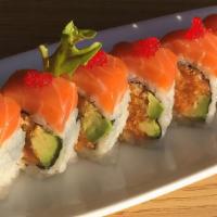  Salmon Sakura Roll · Spicy salmon, avocado & crunch inside, top with slice salmon & red tobiko.