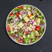 Salad For The Gods With Meat · Chopped greens, cucumbers, tomatoes, Kalamata olives, feta cheese, and domathes. With your c...