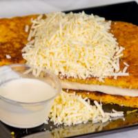 Cachapa W/Cheese  · Deliciosa cachapa de 100% maiz Dulce rellena con Queso de Mano o Guayanes con Crema y queso ...