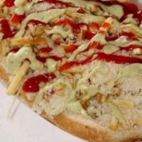 Super Hot Dog · Servido con col, cebolla, palitos de papas, parmesano, ketchup y salsa. / Served with cabbag...