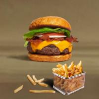 Bacon On Board Burger · American beef patty topped with melted cheese, layers of crispy bacon, lettuce, tomato, onio...