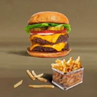 Double Cheese Trouble Burger · Two American beef patties topped with melted cheese, lettuce, tomato, onion, and pickles. Se...
