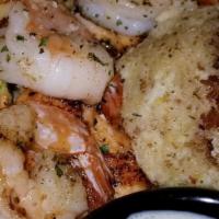 Grilled Seafood Platter, Salmon, Crab Cake, Jumbo Shrimp · 