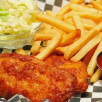 Corona Fish And Chips · Corona Beer Battered Cod Deep-Fried, Served With French Fries, Slaw And Tartar.