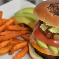 Green Burger W/ Fries · Beyond Burger, Lettuce, Tomato, Avocado Spread, Caramelized Onions & Rootz Sauce