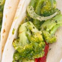 Veggie Tacos · Sauteed Broccoli, Peppers & Onions.
3 Tacos.