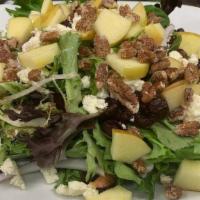Apple Pecan Salad 3Po · Sliced apples, pecans, feta cheese, dried cranberries, & red onion served on mixed greens wi...
