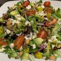 The Wifey Salad 3Po · Fresh avocado, grape tomatoes, red onion, feta cheese, garbanzo beans, &  pepperoncini.  Ser...