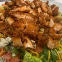Buffalo Chicken Salad 3Po · Romaine lettuce topped with tomatoes, cheddar cheese, scallions, blue cheese, buffalo chicke...