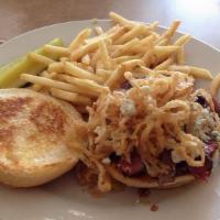 Steak Sandwich 3Po · Sliced new york strip steak served with horseradish cream sauce, blue cheese crumbles, & fri...