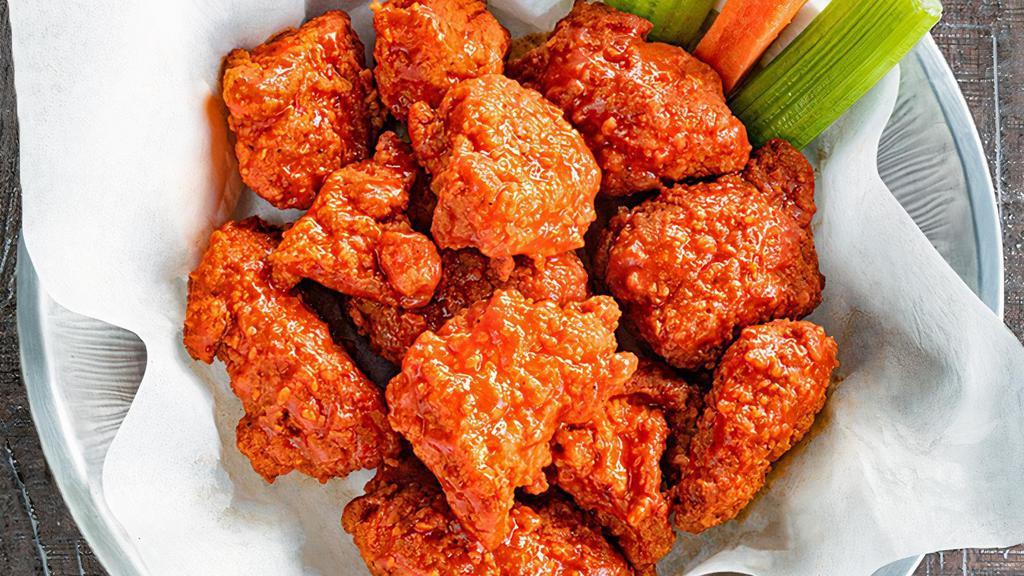 Medium (12) Boneless Wings · Our Fresh wings are served with celery, carrots and your choice of made-from-scratch bleu cheese or ranch dressing.