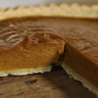 Pumpkin Pie · Scratch made pumpkin spice filling in hand rolled pie crust.  8 inch diameter, serves 6 medi...