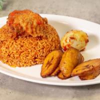 Jollof Rice · Rice mixed with tomato and pepper sauce with fried plantain on the side.