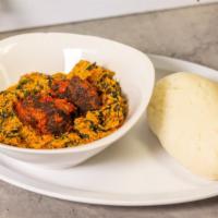 Egusi Soup · Egusi (melon seeds), spinach, pepper, crayfish, palm oil, diced beef and beef tripe (shaki) ...