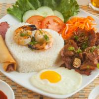 Rice Plate Combo · charbroiled pork, shrimp, egg roll, grilled ground pork, egg. White rice served with a side ...