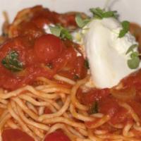 Spaghetti · Long pasta. Carbonara, house cured pancetta, eggs, parmigiano reggiano.