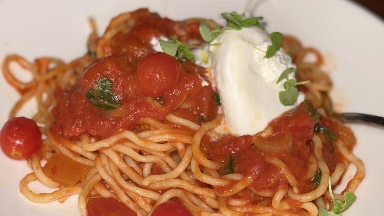 Spaghetti · Long pasta. Alla sorrentino, burrata mozzarella, san marzano sauce, fresh basil