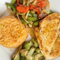 Cabos Chicken · Grilled chicken breast marinated in herb and garlic with lemon juice. Served with grilled on...