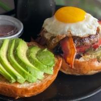 Cheese Burger Baby · House Made Burger, Bacon, Tomato, Bacon Onion Jam, Roasted Garlic Aioli, Fried Egg, and Ched...