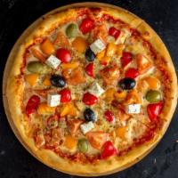 Greek Pizza · Fresh garlic pizza with delicious olive oil, tomatoes, onions, black olives and feta cheese.