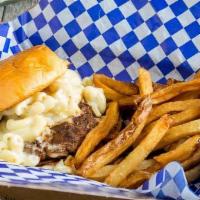 Mac Burger With Fries · 1/3 lb Certified Angus beef patty, on a toasted bun and smothered in original macaroni.