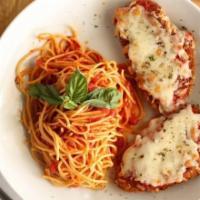 Chicken Parmigiana · Breaded chicken breast topped with our homemade tomato sauce, mozzarella and oregano, Served...