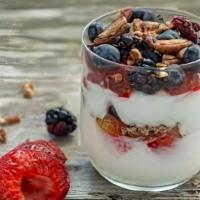 Mixed Berry Yogurt Parfait · 12 Oz vanilla yogurt with strawberries, blackberries, blueberries, and raspberries and grano...